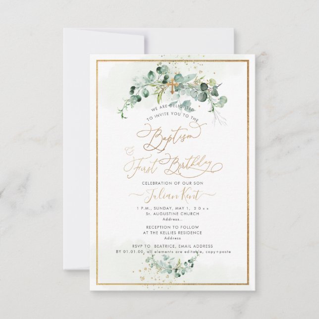 Invitación PixDezines H2 Eucalipto Bautizo Primera Cumpleaños (Anverso)