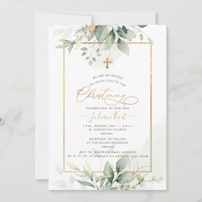 Invitación PixDezines H2 Eucalipto de Oro Verde Christening (Anverso)