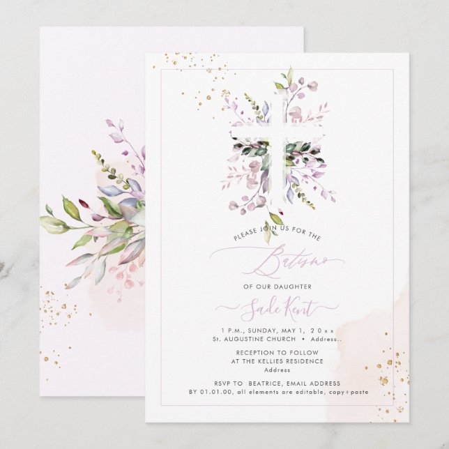 Invitación PixDezines H2 Eucalipto Rosa Batismo (Anverso / Reverso)