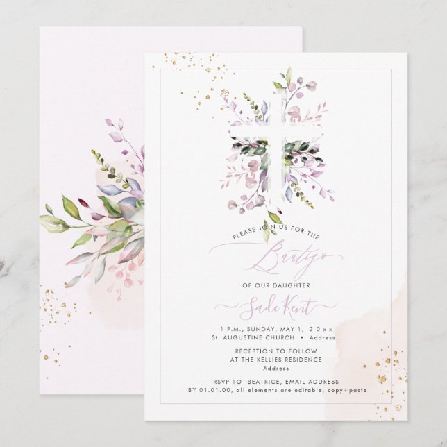 Invitación PixDezines H2 Eucalipto Rosa Bautizo (Anverso / Reverso)