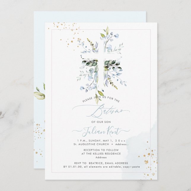 Invitación PixDezines H2 Eucaliptus azul turbio Batismo (Anverso / Reverso)