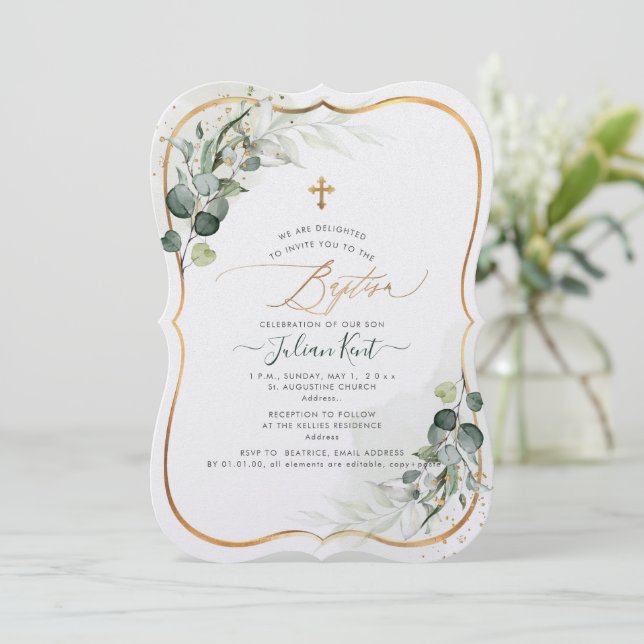 Invitación PixDezines H2 Eucalyptus Bautismo (Anverso de pie)