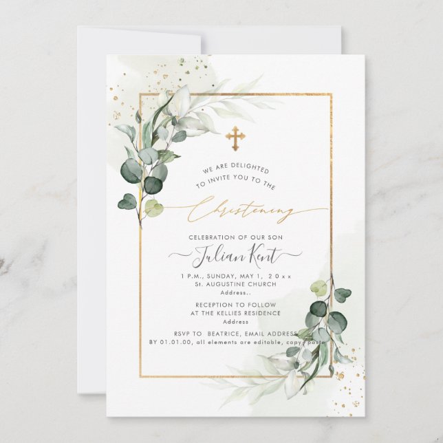Invitación PixDezines H2 Eucalyptus Christening (Anverso)