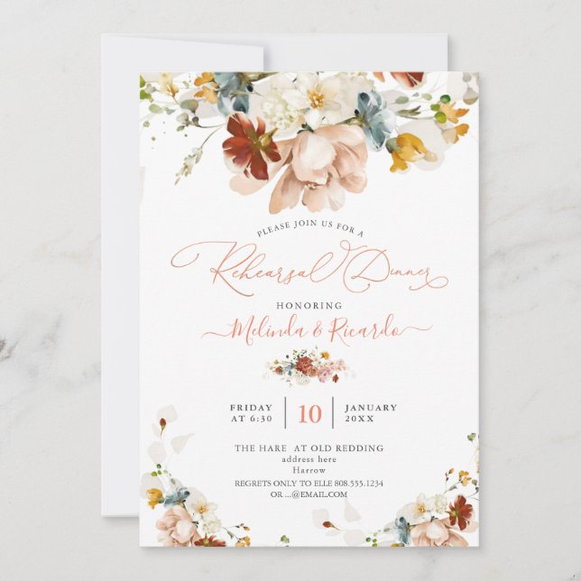 Invitación PixDezines H2 Flores de jardín otoñal Ensayo Cena (Anverso)