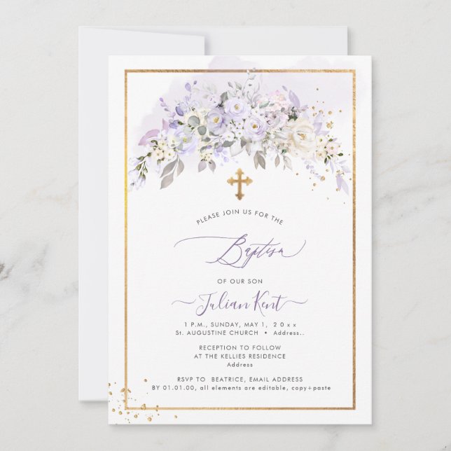 Invitación PixDezines H2 Flores púrpura Lilac Bautismo (Anverso)