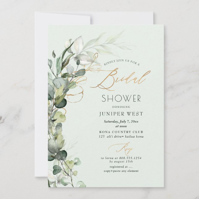 Invitación PixDezines H2 Green Gold Eucalyptus Bridal Shower (Anverso)