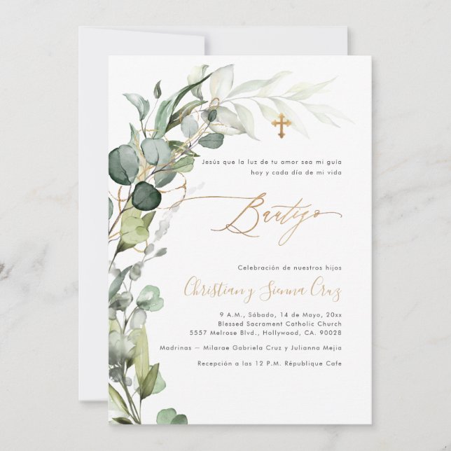 Invitación PixDezines H2 Greenery Gum Foliage Bautizo (Anverso)