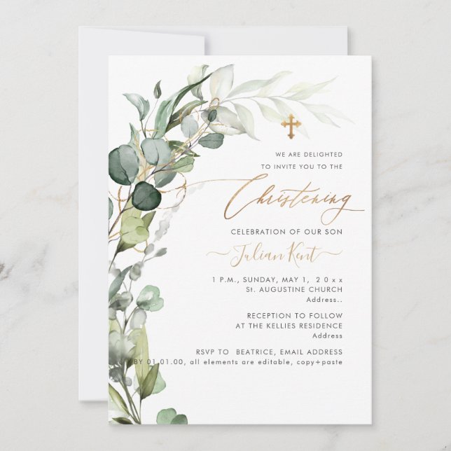 Invitación PixDezines H2 Greenery Gum Foliage Christening Inv (Anverso)