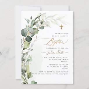 Invitación PixDezines H2 Greenery Gum Foliage Primer Bautismo