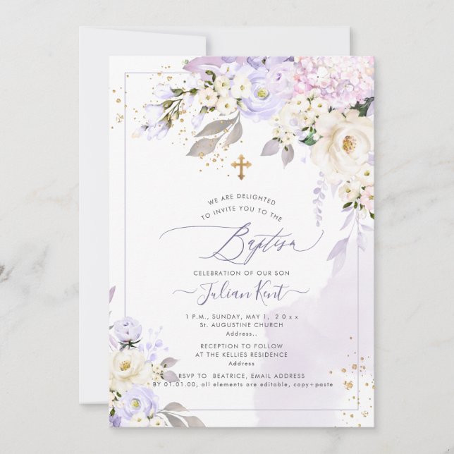 Invitación PixDezines H2 Hidrangeas Crema Rosas Bautismo (Anverso)
