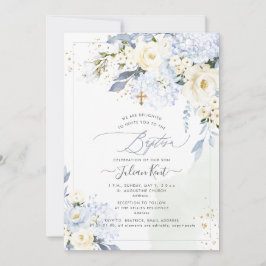 Invitación PixDezines H2 Hortensias Azules Rosas Crema Bautiz