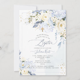 Invitación PixDezines H2 Hortensias Azules Rosas Crema Bautiz