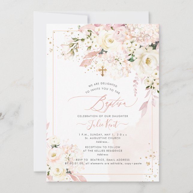Invitación PixDezines H2 Hortensias Rosas Rosadas Bautizo (Anverso)