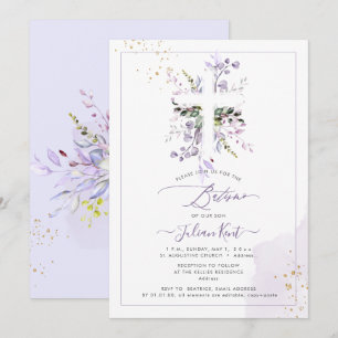 Invitación PixDezines H2 Lila Morado Eucalipto Batismo