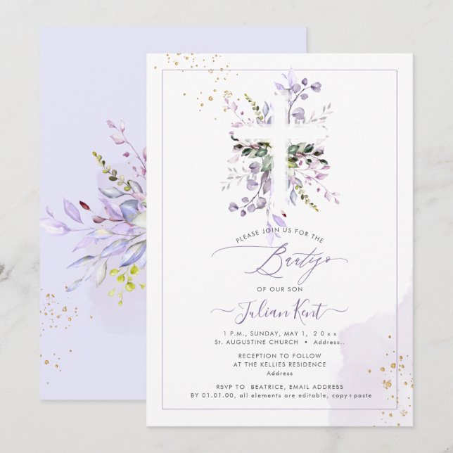 Invitación PixDezines H2 Lila Morado Eucalipto Bautizo (Anverso / Reverso)