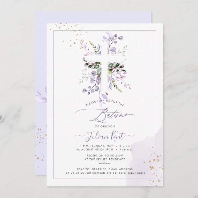 Invitación PixDezines H2 Lilac Eucalyptus Batismo Púrpura (Anverso / Reverso)
