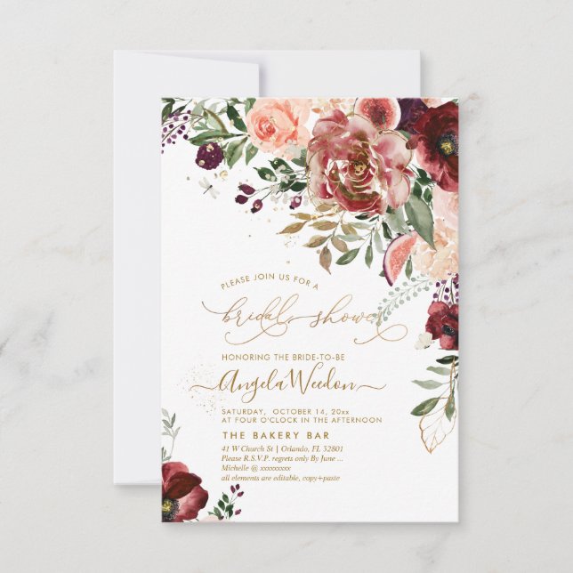 Invitación PixDezines H2 Marsala Red Otumn Bridal Shower (Anverso)