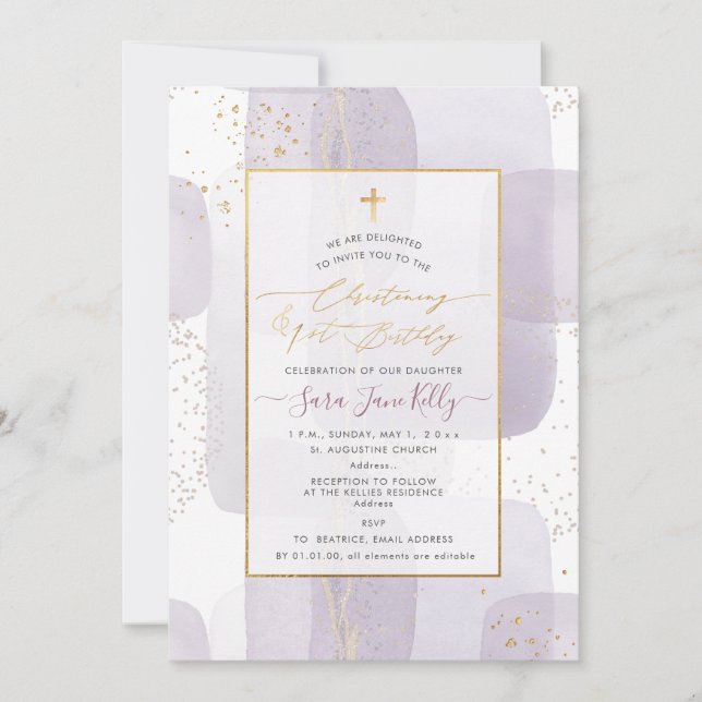 Invitación PixDezines H2 Morado Bautizo+1er Cumpleaños (Anverso)