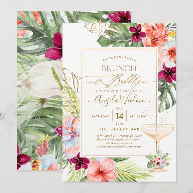 Invitación PixDezines H2 Paraíso Tropical Brunch Bubbly (Anverso / Reverso)