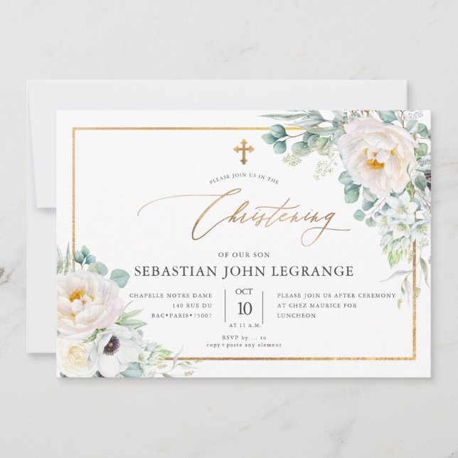 Invitación PixDezines H2 Peonies Eucalyptus Christening (Anverso)