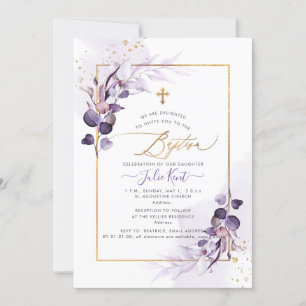 Invitación PixDezines H2 Polvo Morado Eucalipto Bautizo