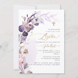 Invitación PixDezines H2 Polvo Morado Goma Follaje Bautizo