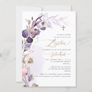 Invitación PixDezines H2 Polvo Morado Goma Follaje Bautizo