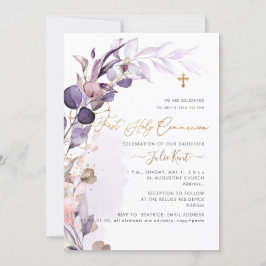 Invitación PixDezines H2 Polvo Morado Goma Follaje Comunión