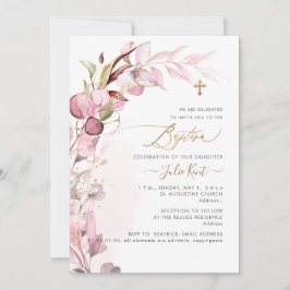 Invitación PixDezines H2 Polvo Rosa Goma Follaje Bautizo