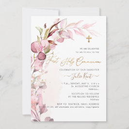 Invitación PixDezines H2 Polvo Rosa Goma Follaje Comunión