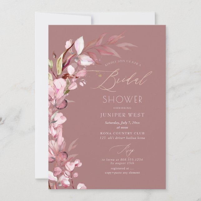 Invitación PixDezines H2 Rosa turbio Eucalyptus Ducha de novi (Anverso)