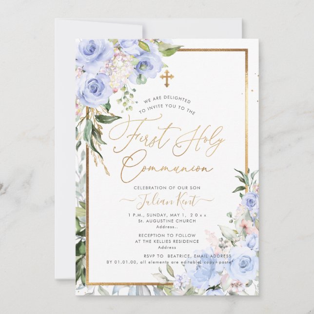 Invitación PixDezines H2 Rosas Azules Primera Comunión (Anverso)