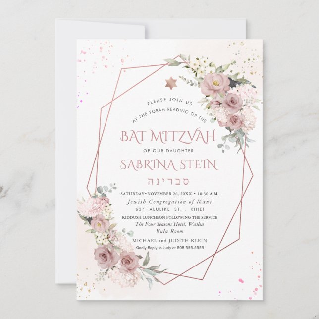 Invitación PixDezines H2 Rosas polvorientos Bat Mitzvah (Anverso)