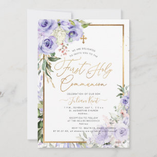 Invitación PixDezines H2 Rosas púrpura Primera Santa Comunión