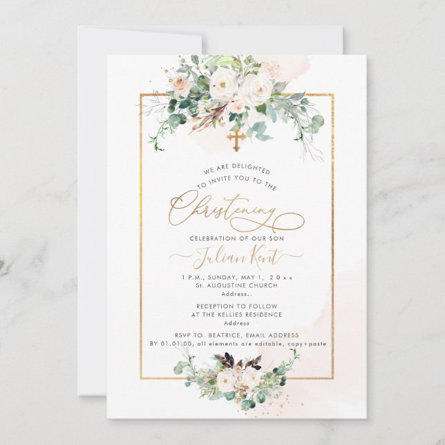 Invitación PixDezines H2 Rosas Rosadas Bautizo (Anverso)