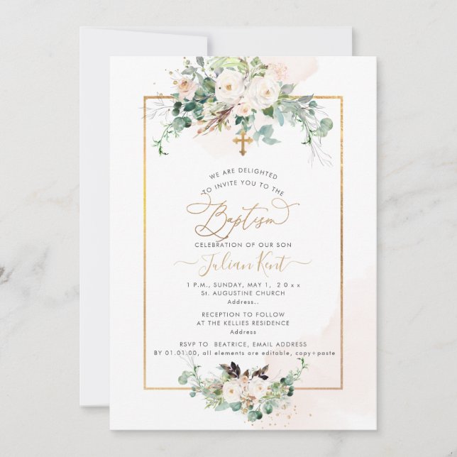 Invitación PixDezines H2 Rosas Rosadas Bautizo (Anverso)