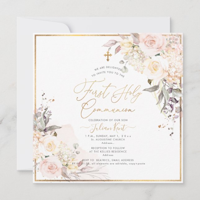 Invitación PixDezines H2 Rosas Rosadas Primera Comunión (Anverso)