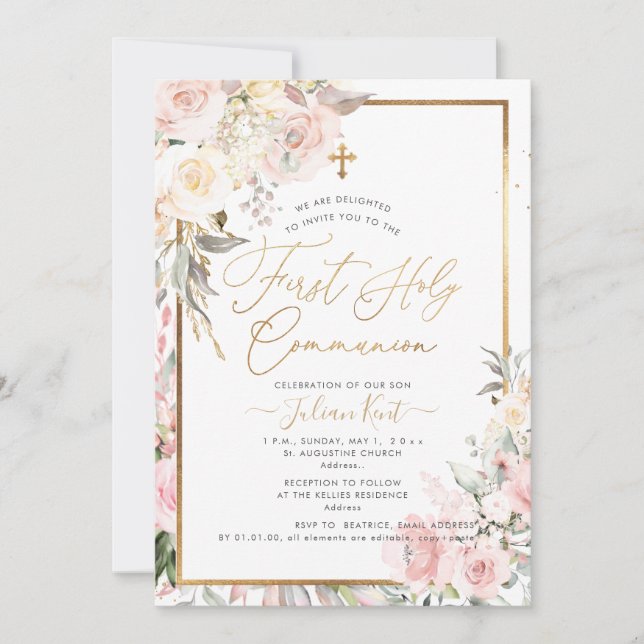 Invitación PixDezines H2 Rosas Rosadas Primera Comunión (Anverso)