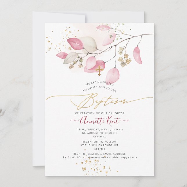 Invitación PixDezines H2 Rubor Eucalipto Bautizo (Anverso)