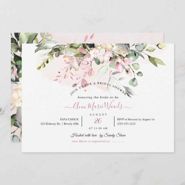 Invitación PixDezines H2 Rubor Eucalyptus Pink Bridal Shower (Anverso / Reverso)