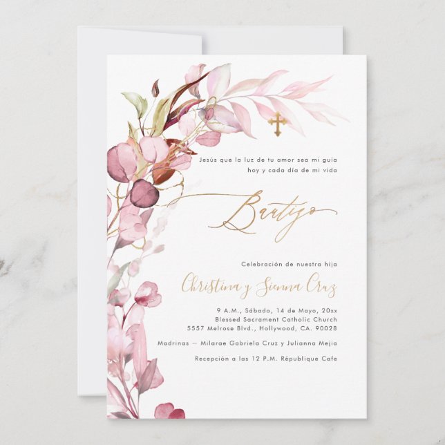 Invitación PixDezines H2 Rubor Gum Eucalyptus Bautizo (Anverso)
