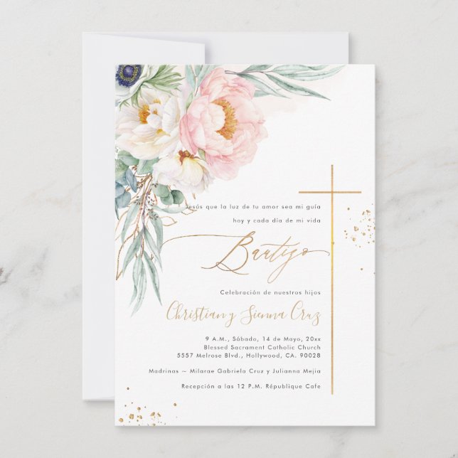 Invitación PixDezines H2 Rubor Peonies Eucalyptus Bautizo (Anverso)