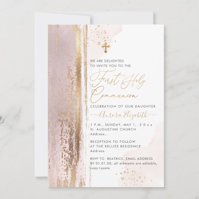 Invitación PixDezines H2 Rubor Pink First Holy Communion Invi (Anverso)