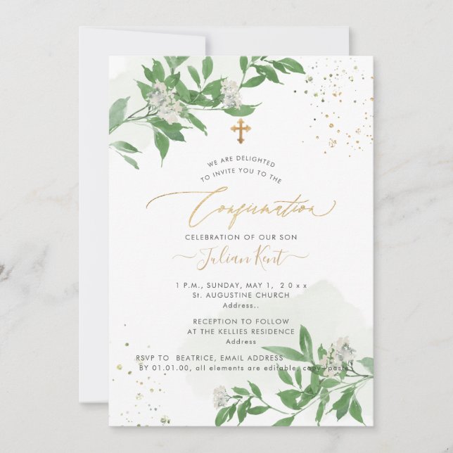 Invitación PixDezines H2 Verde Blanco Flores de Confirmación (Anverso)