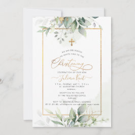 Invitación PixDezines H2 Verde Dorado Eucalipto Bautizo