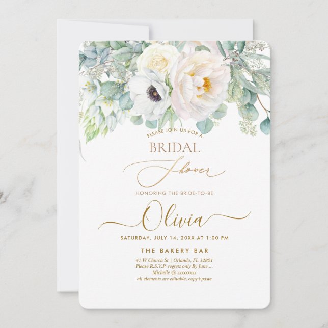 Invitación PixDezines H2 White Peonies Ducha Nodal Anemone (Anverso)
