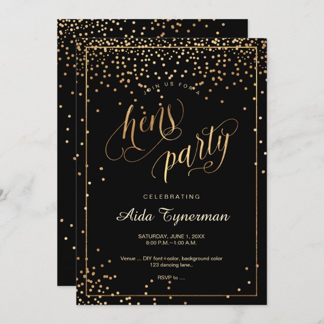 Invitación PixDezines Hens Fiesta Faux Gold Confetti (Anverso / Reverso)