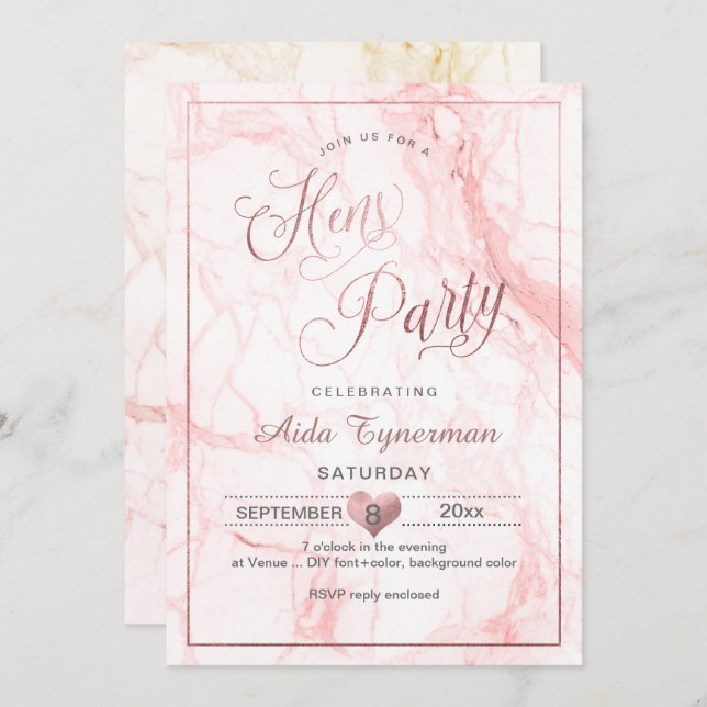 Invitación PixDezines Hens Fiesta Faux Rosa Gold Script+Marbl (Anverso / Reverso)