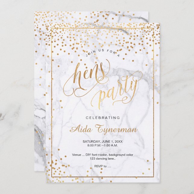 Invitación PixDezines Hens Fiesta Marble Faux Gold Confetti (Anverso / Reverso)