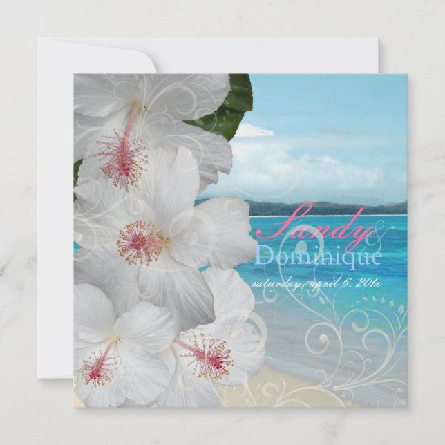 Invitación PixDezines Hibiscus blanco/playa/boda tropical (Anverso)